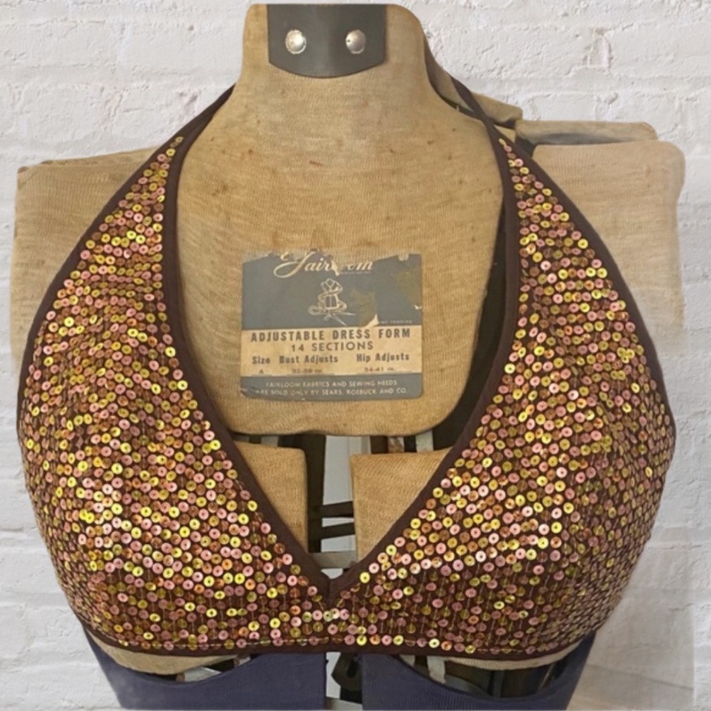 Express Brown Gold Sequin Triangle Halter Top - image 1